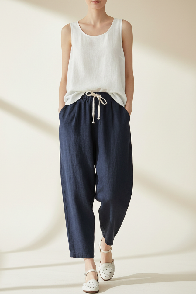 Pantalon Baggy Bleu Marine Lin Ample Décontracté Cordon