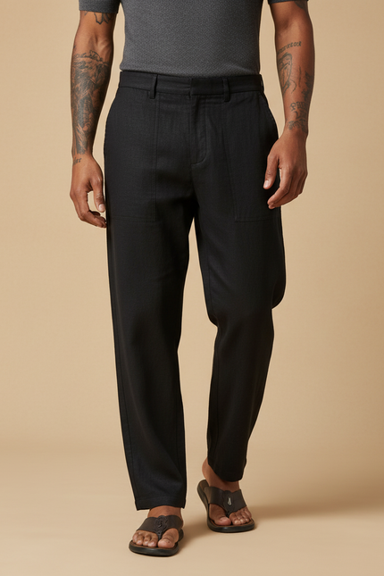 Pantalon Baggy Noir Lin Coton Ample Décontracté Homme