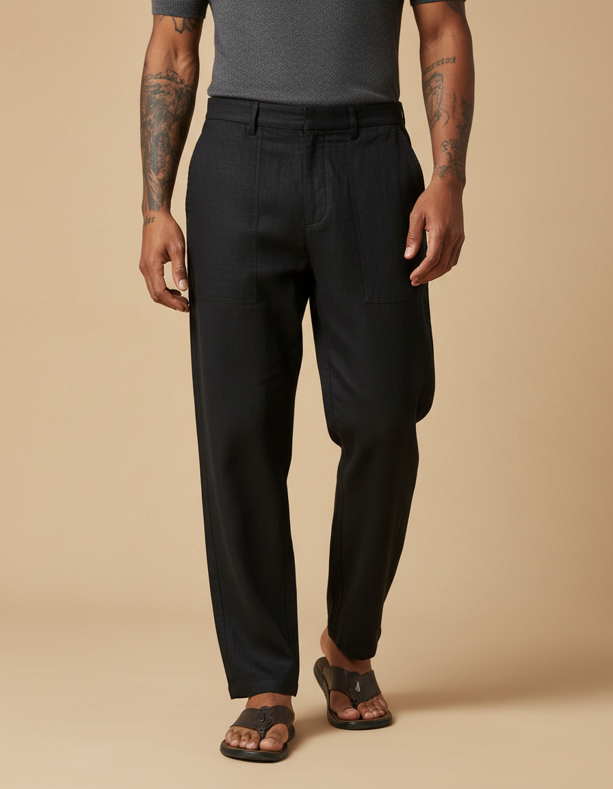 Pantalon Baggy Noir Lin Coton Ample Décontracté Homme