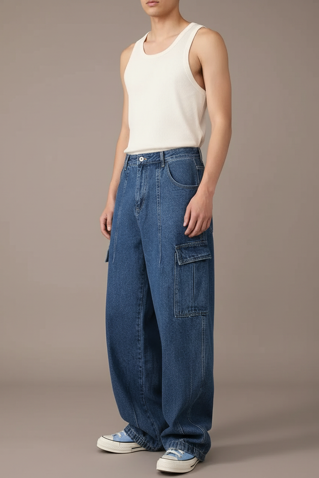 Pantalon Baggy Denim Bleu Ample Cargo Homme - Jean