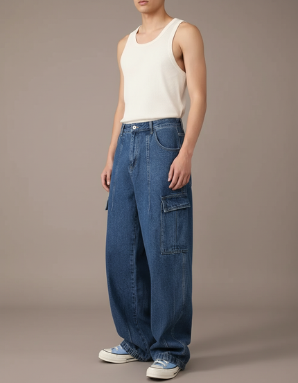 Pantalon Baggy Denim Bleu Ample Cargo Homme - Jean
