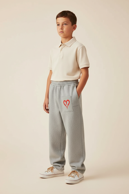 Pantalon Baggy Gris Coton Cœur Rouge Enfant Décontracté - Molleton