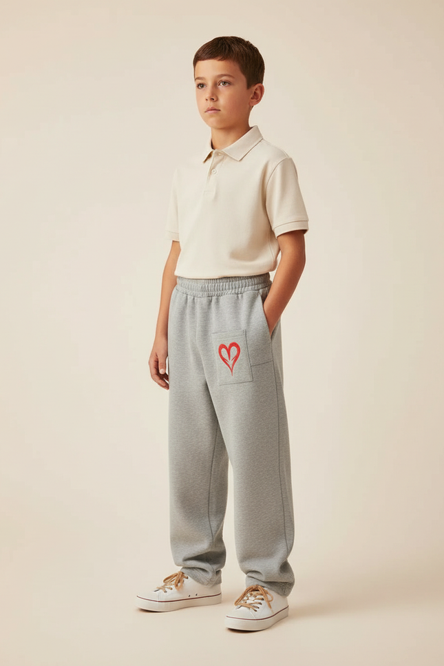 Pantalon Baggy Gris Coton Cœur Rouge Enfant Décontracté - Molleton
