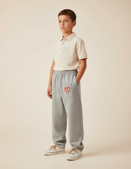 Pantalon Baggy Gris Coton Cœur Rouge Enfant Décontracté - Molleton