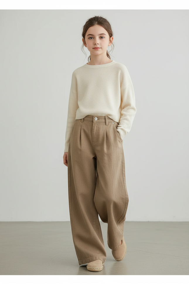Pantalon Baggy Kaki Coton Ample Décontracté Fille
