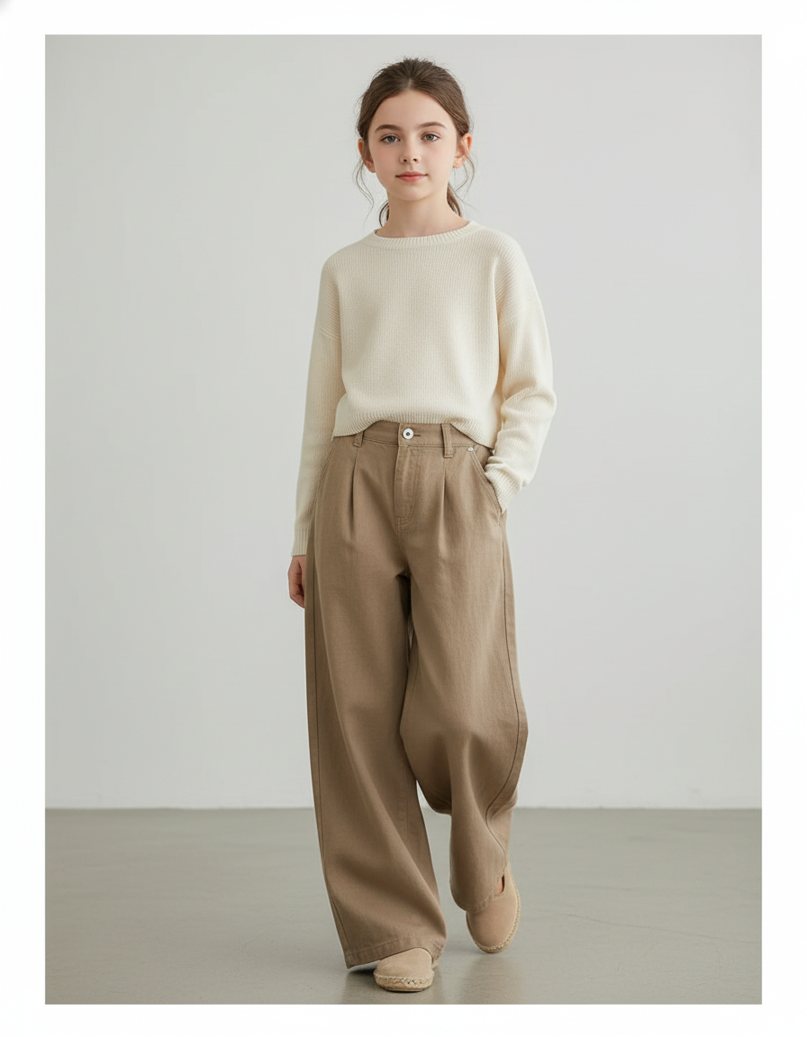 Pantalon Baggy Kaki Coton Ample Décontracté Fille