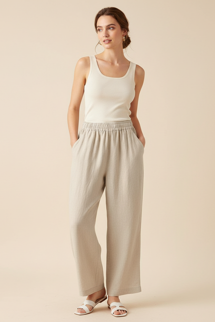 Pantalon Baggy Beige Lin Ample Décontracté Léger Fluide