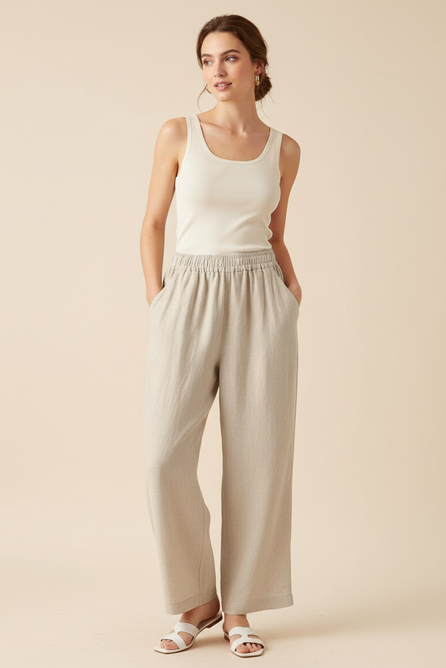 Pantalon Baggy Beige Lin Ample Décontracté Léger Fluide