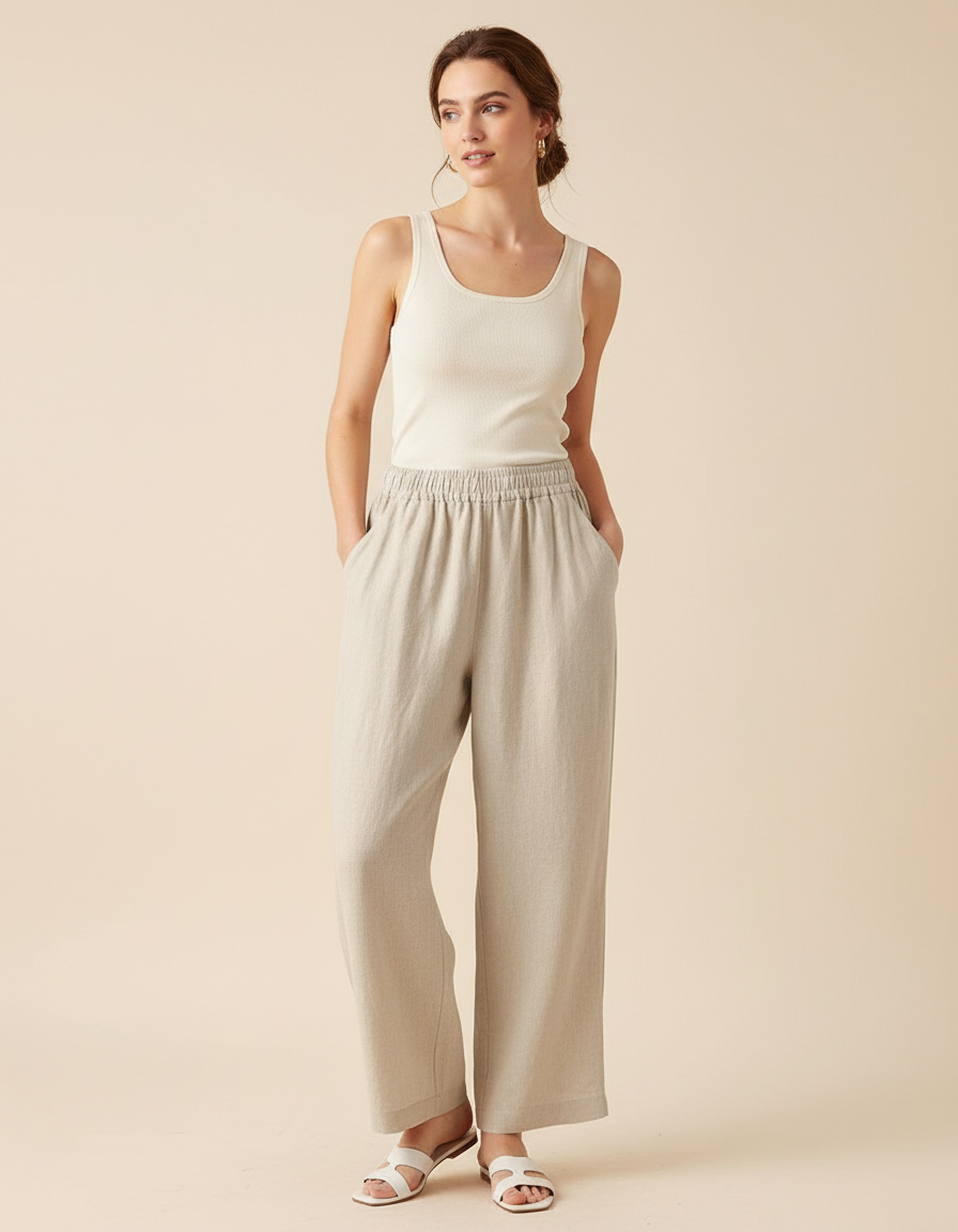 Pantalon Baggy Beige Lin Ample Décontracté Léger Fluide