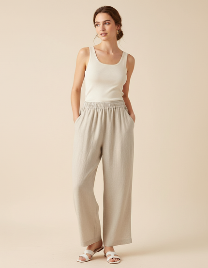 Pantalon Baggy Beige Lin Ample Décontracté Léger Fluide