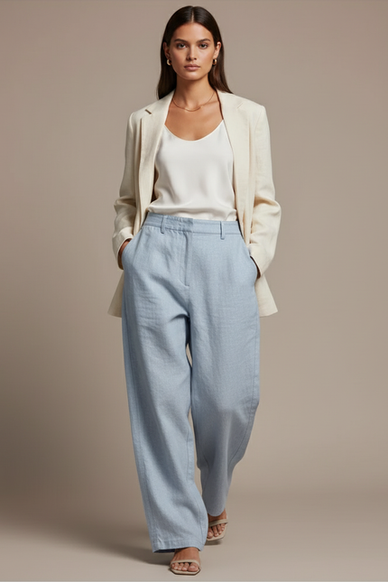 Pantalon Baggy Bleu Ciel Lin Ample Décontracté Fluide