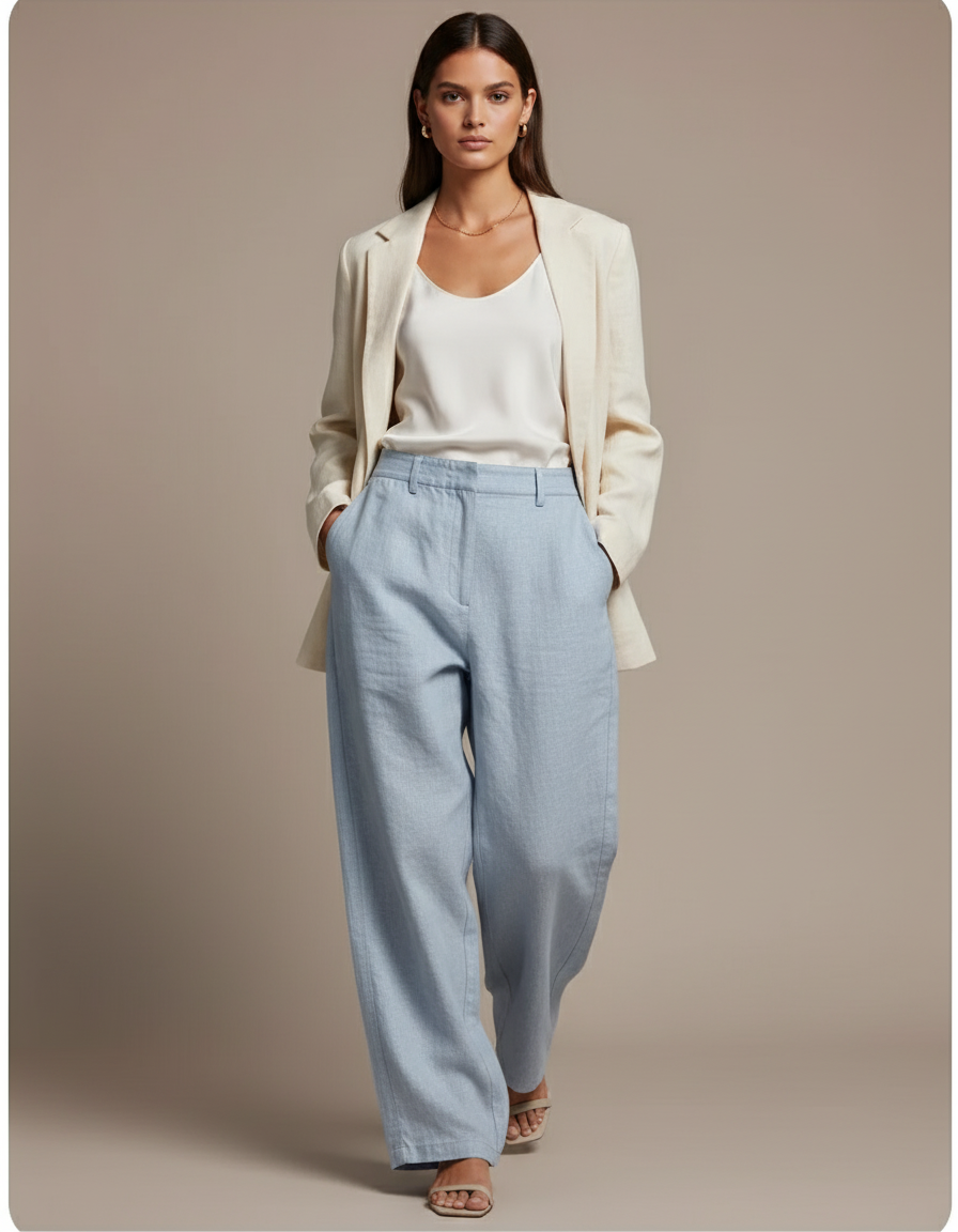 Pantalon Baggy Bleu Ciel Lin Ample Décontracté Fluide