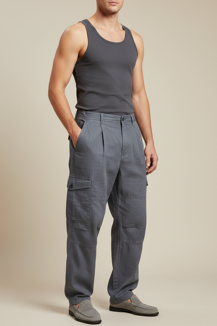 Pantalon Baggy Gris Cargo Coton Ample Décontracté Homme