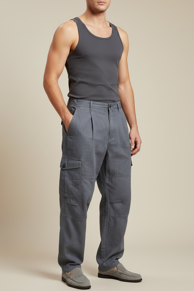 Pantalon Baggy Gris Cargo Coton Ample Décontracté Homme