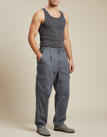 Pantalon Baggy Gris Cargo Coton Ample Décontracté Homme