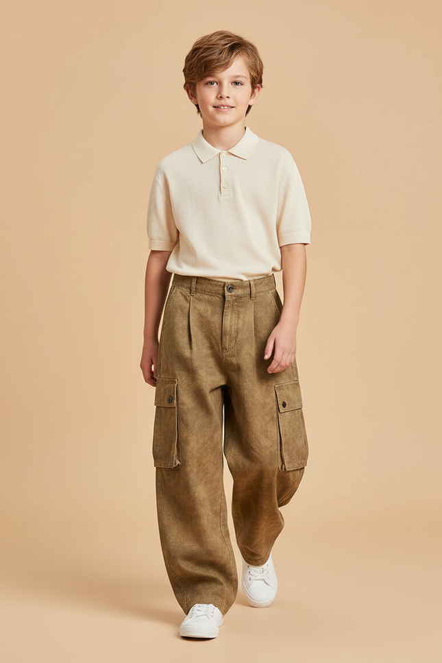 Pantalon Baggy Marron Cargo Ample Coton Enfant