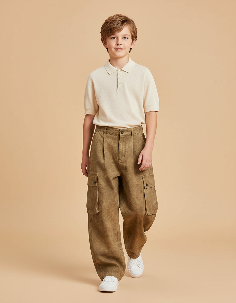 Pantalon Baggy Marron Cargo Ample Coton Enfant