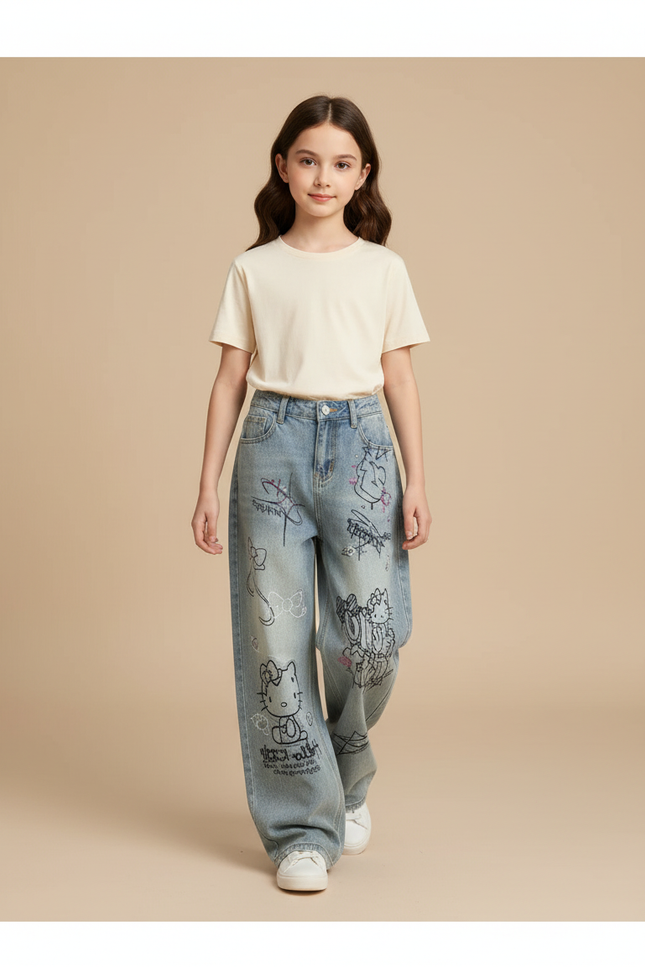 Pantalon Baggy Jean Bleu Délavé Imprimé Hello Kitty Ample Fille