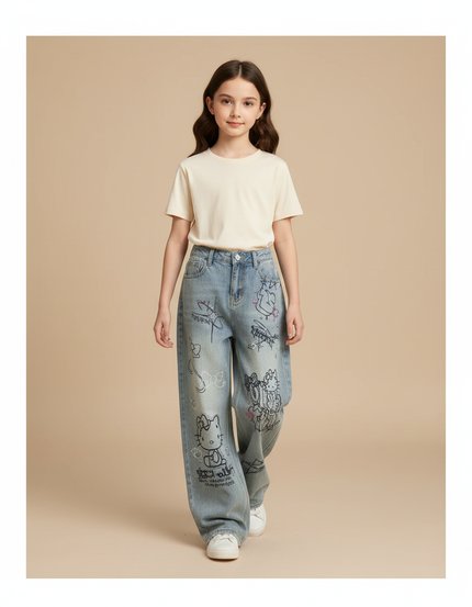 Pantalon Baggy Jean Bleu Délavé Imprimé Hello Kitty Ample Fille