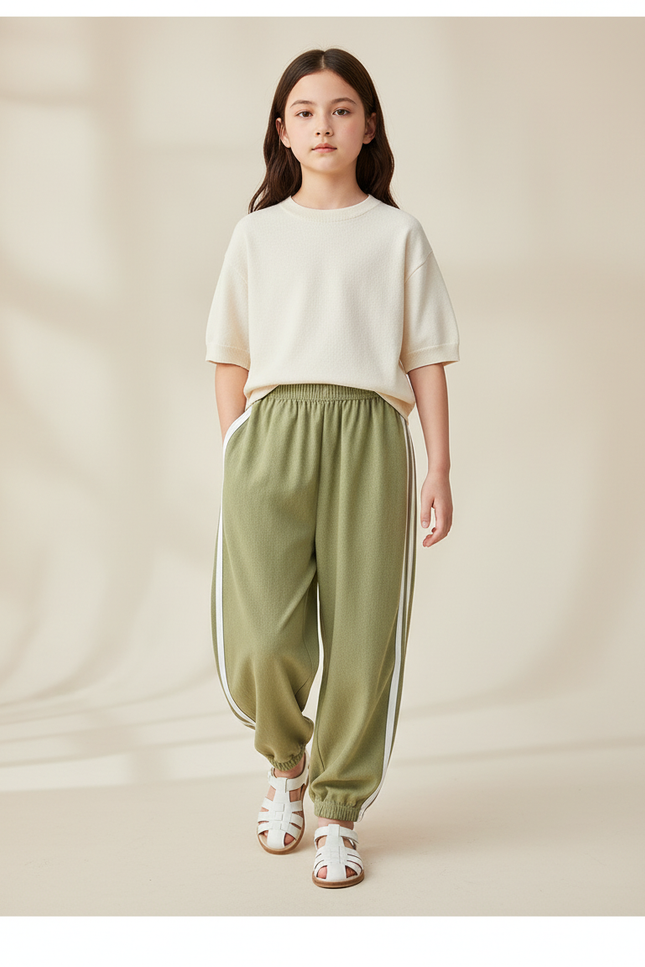 Pantalon Baggy Vert Rayures Blanches Ample Enfant - Kaki Molleton