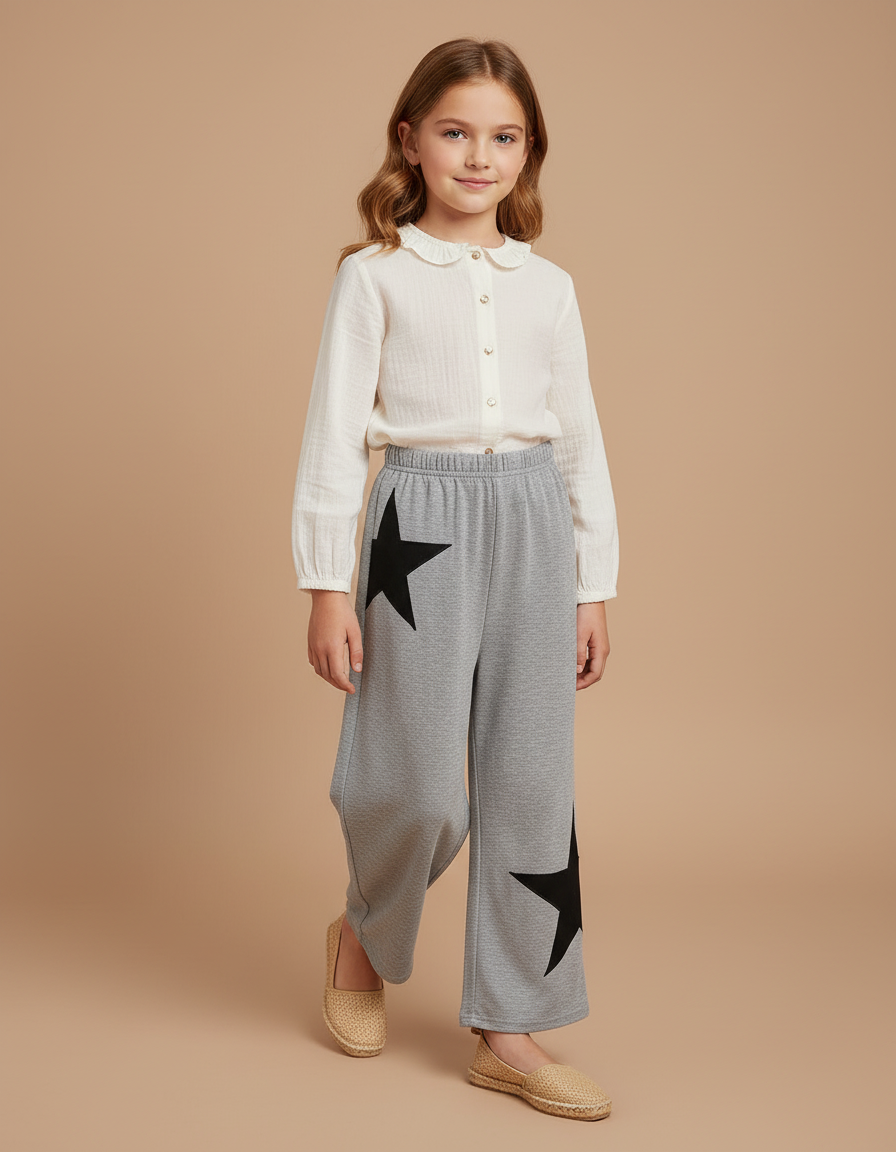 Pantalon Baggy Gris Étoiles Noires Décontracté Enfant - Molleton