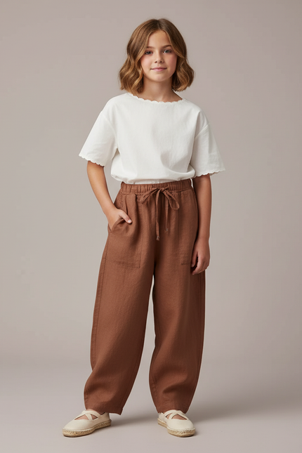 Pantalon Baggy Marron Lin Ample Décontracté Cordon