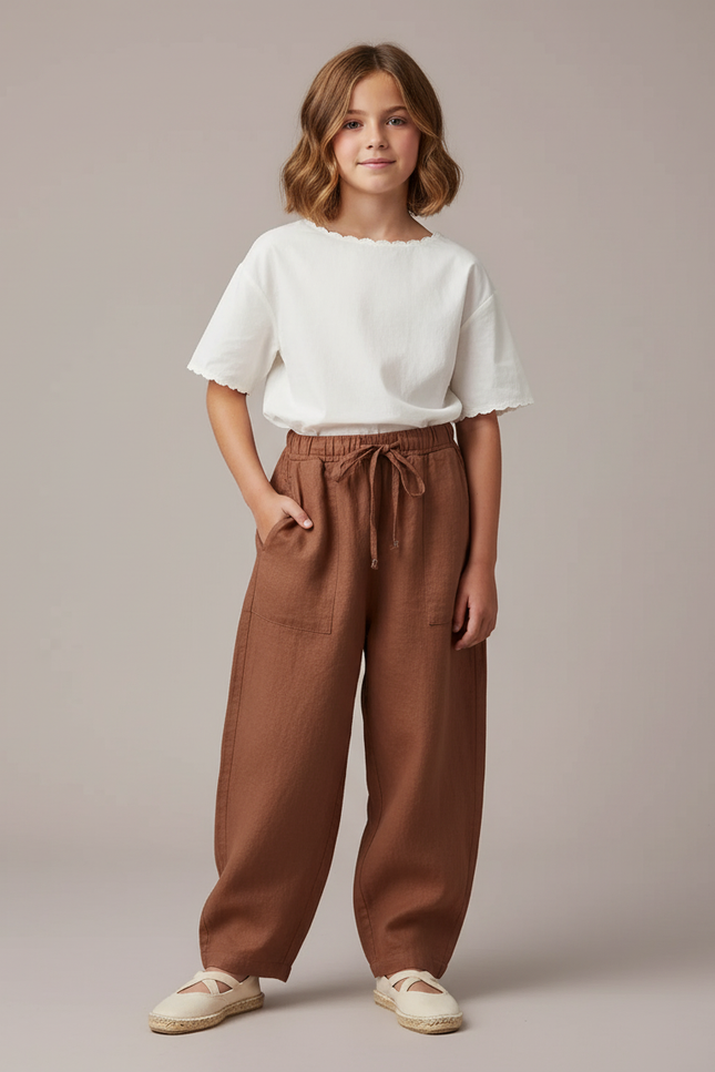 Pantalon Baggy Marron Lin Ample Décontracté Cordon