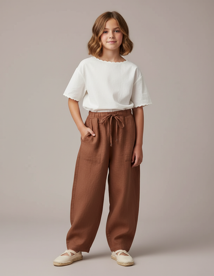 Pantalon Baggy Marron Lin Ample Décontracté Cordon