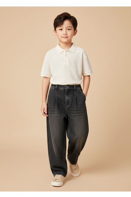Pantalon Baggy Denim Gris Ample Plissé Garçon - Jean