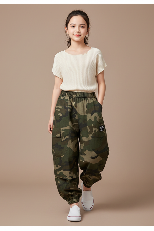 Pantalon Baggy Camouflage Cargo Ample Coton Enfant - Multicolore