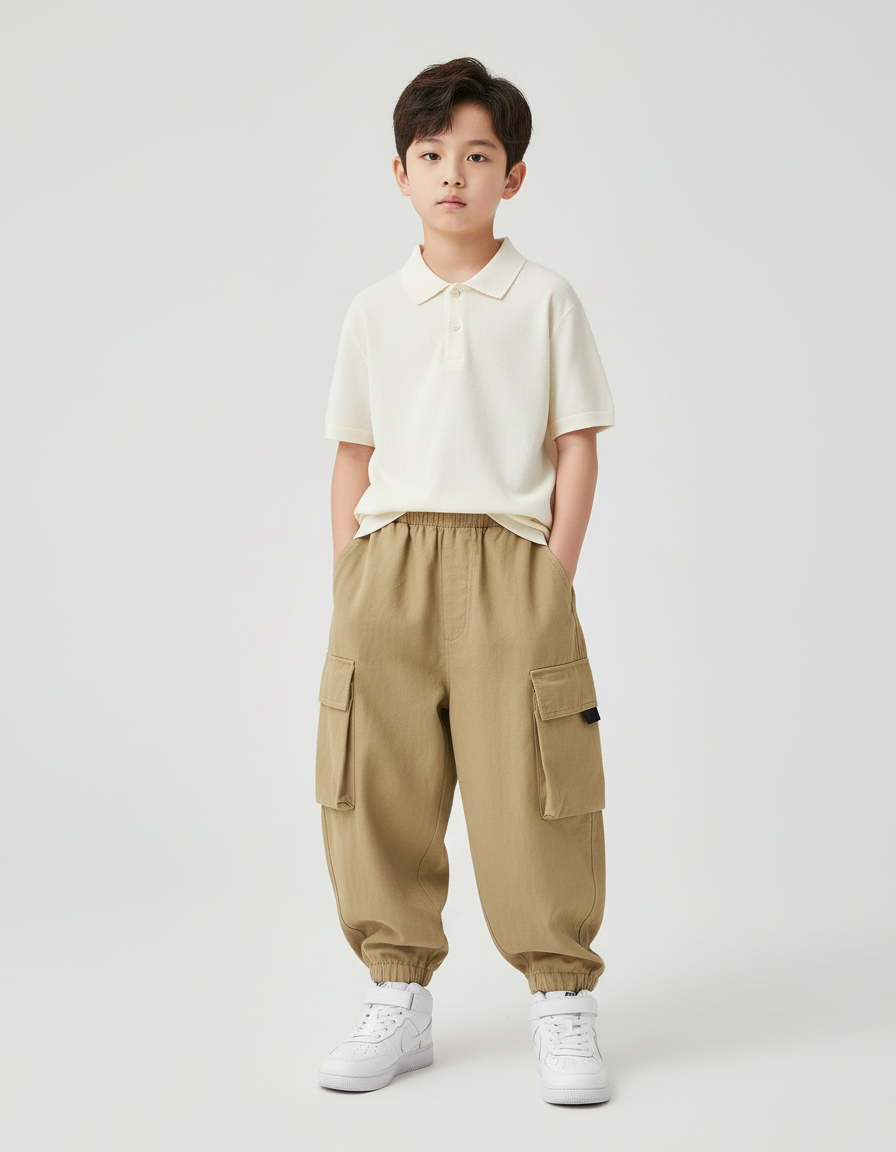 Pantalon Baggy Kaki Cargo Ample Coton Casual Garçon