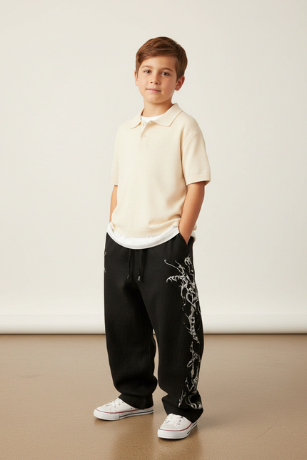 Pantalon Baggy Noir Ample Motif Tribal Blanc - Lin