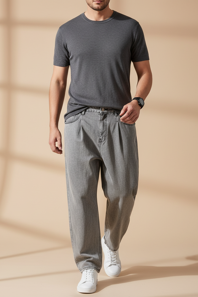 Pantalon Baggy Gris Jean Plissé Ample Décontracté Homme