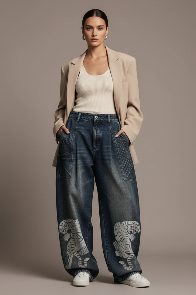 Pantalon Baggy Bleu Délavé Tigre Ample Femme - Jean