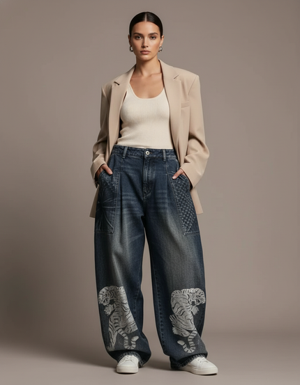 Pantalon Baggy Bleu Délavé Tigre Ample Femme - Jean