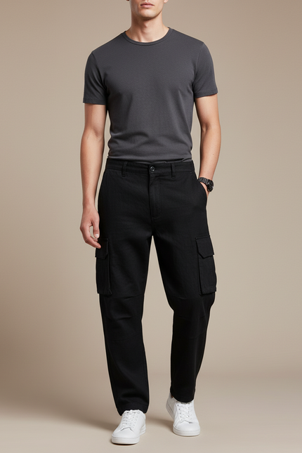 Pantalon Baggy Noir Coton Cargo Ample Décontracté Homme - Toile