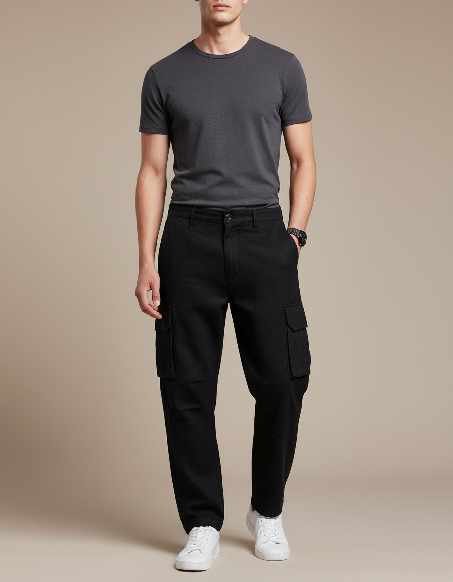 Pantalon Baggy Noir Coton Cargo Ample Décontracté Homme - Toile