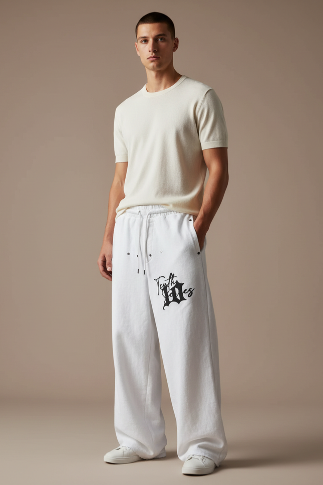 Pantalon Baggy Blanc Ample Imprimé Cordon Décontracté Homme - Molleton