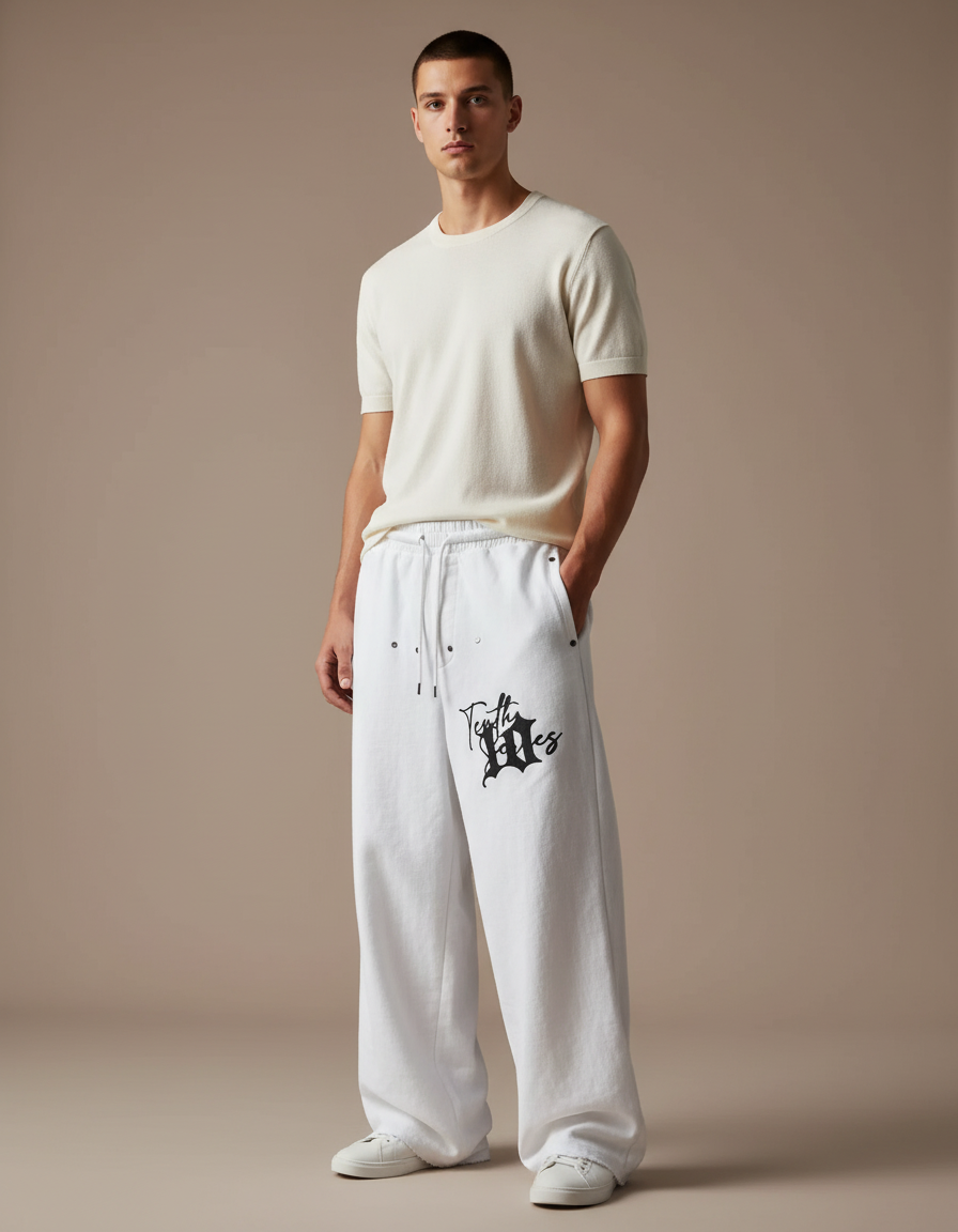 Pantalon Baggy Blanc Ample Imprimé Cordon Décontracté Homme - Molleton