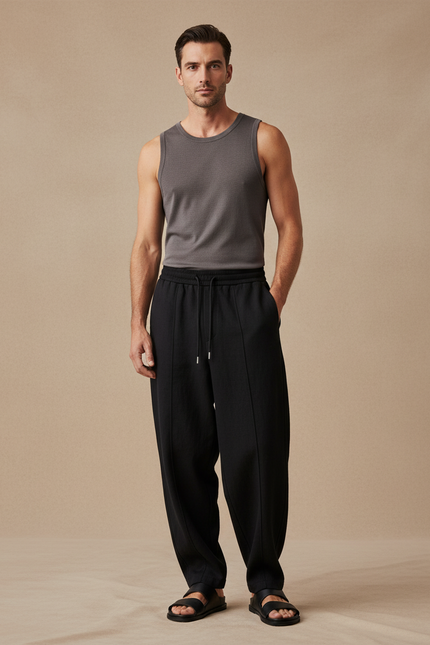Pantalon Baggy Noir Ample Droit Cordon Sport - Polyester