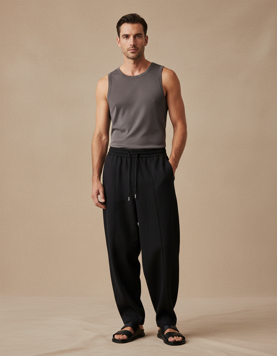 Pantalon Baggy Noir Ample Droit Cordon Sport - Polyester