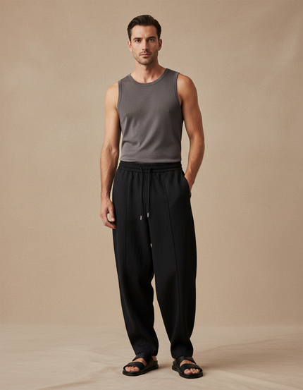 Pantalon Baggy Noir Ample Droit Cordon Sport - Polyester