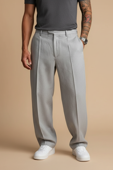 Pantalon Baggy Gris Clair Ample Plissé Décontracté Homme - Laine