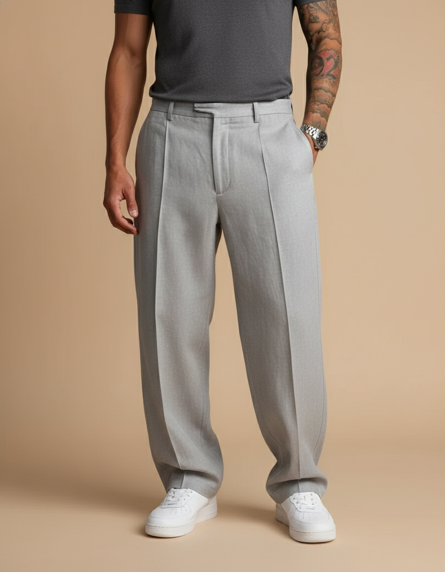 Pantalon Baggy Gris Clair Ample Plissé Décontracté Homme - Laine