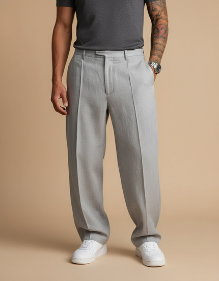 Pantalon Baggy Gris Clair Ample Plissé Décontracté Homme - Laine