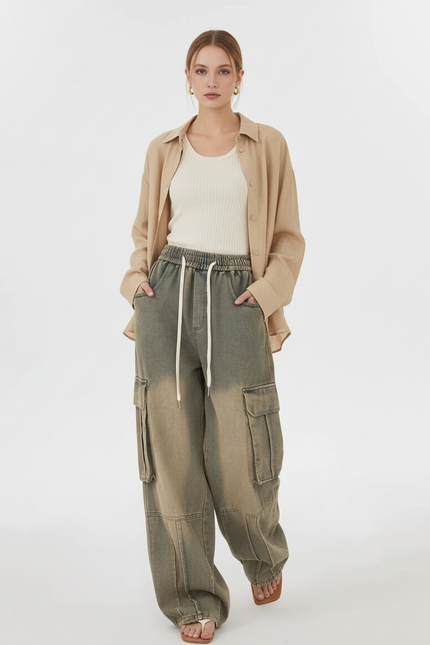 Pantalon Baggy Gris Délavé Ample Cargo Cordon Femme - Jean