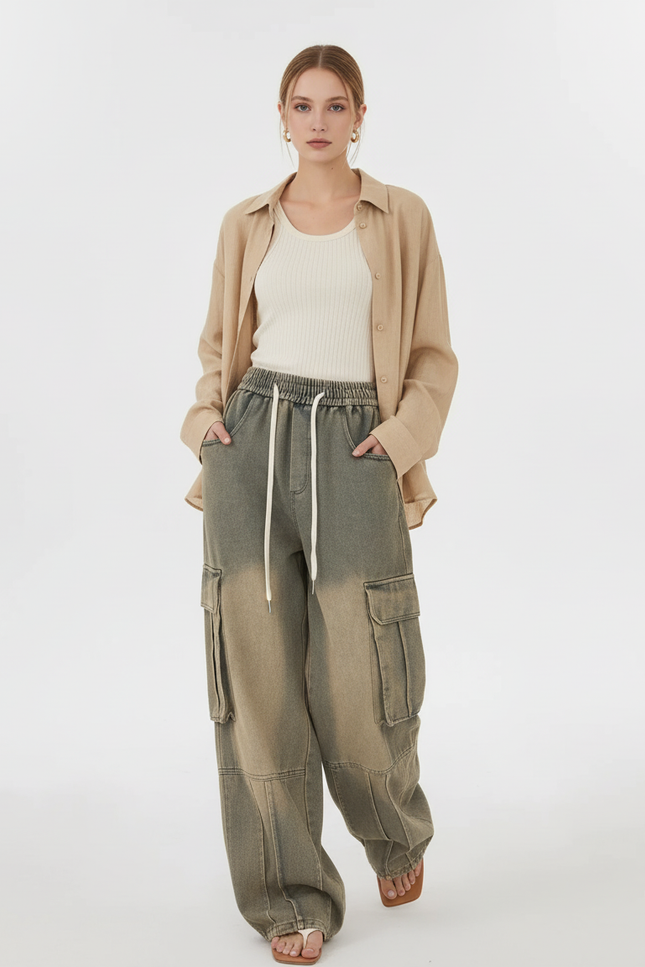 Pantalon Baggy Gris Délavé Ample Cargo Cordon Femme - Jean