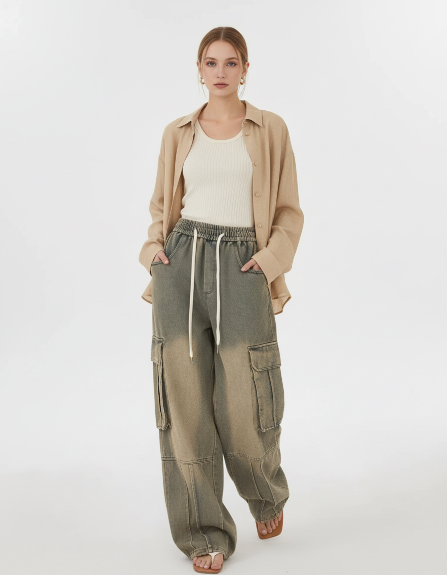 Pantalon Baggy Gris Délavé Ample Cargo Cordon Femme - Jean