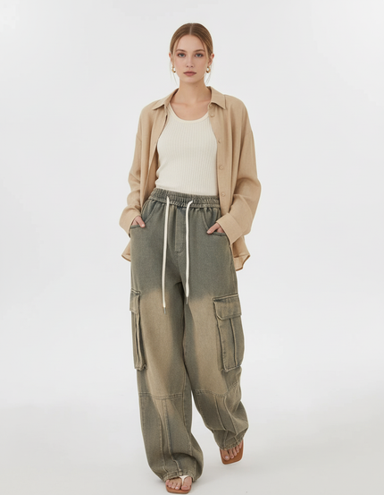 Pantalon Baggy Gris Délavé Ample Cargo Cordon Femme - Jean