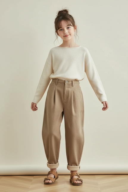 Pantalon Baggy Fille Kaki Taille Haute - Beige Toile